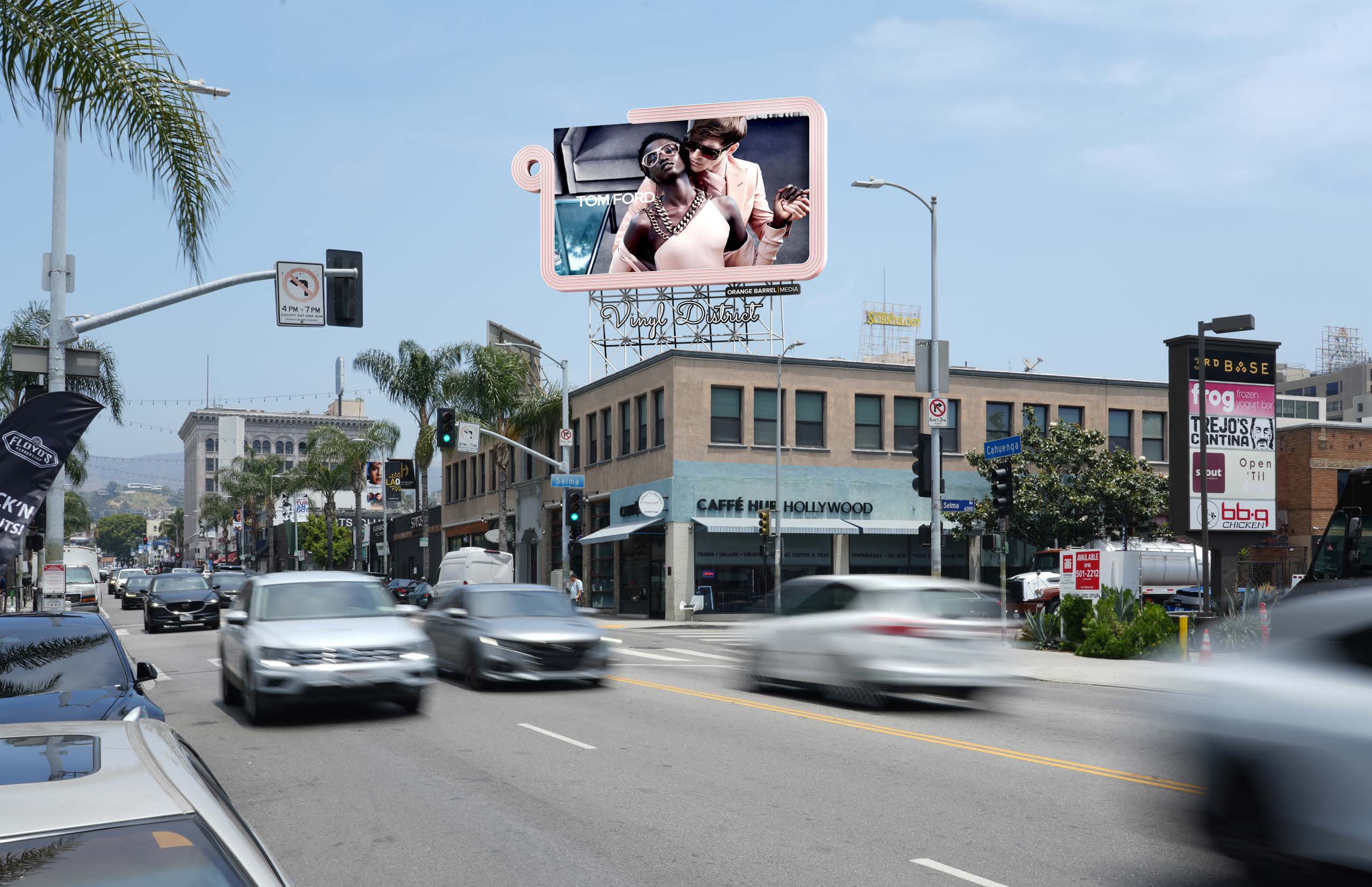 Proposed condition: the Vinyl District digital sign lit above the ST FELIX building at Cahuenga and Selma